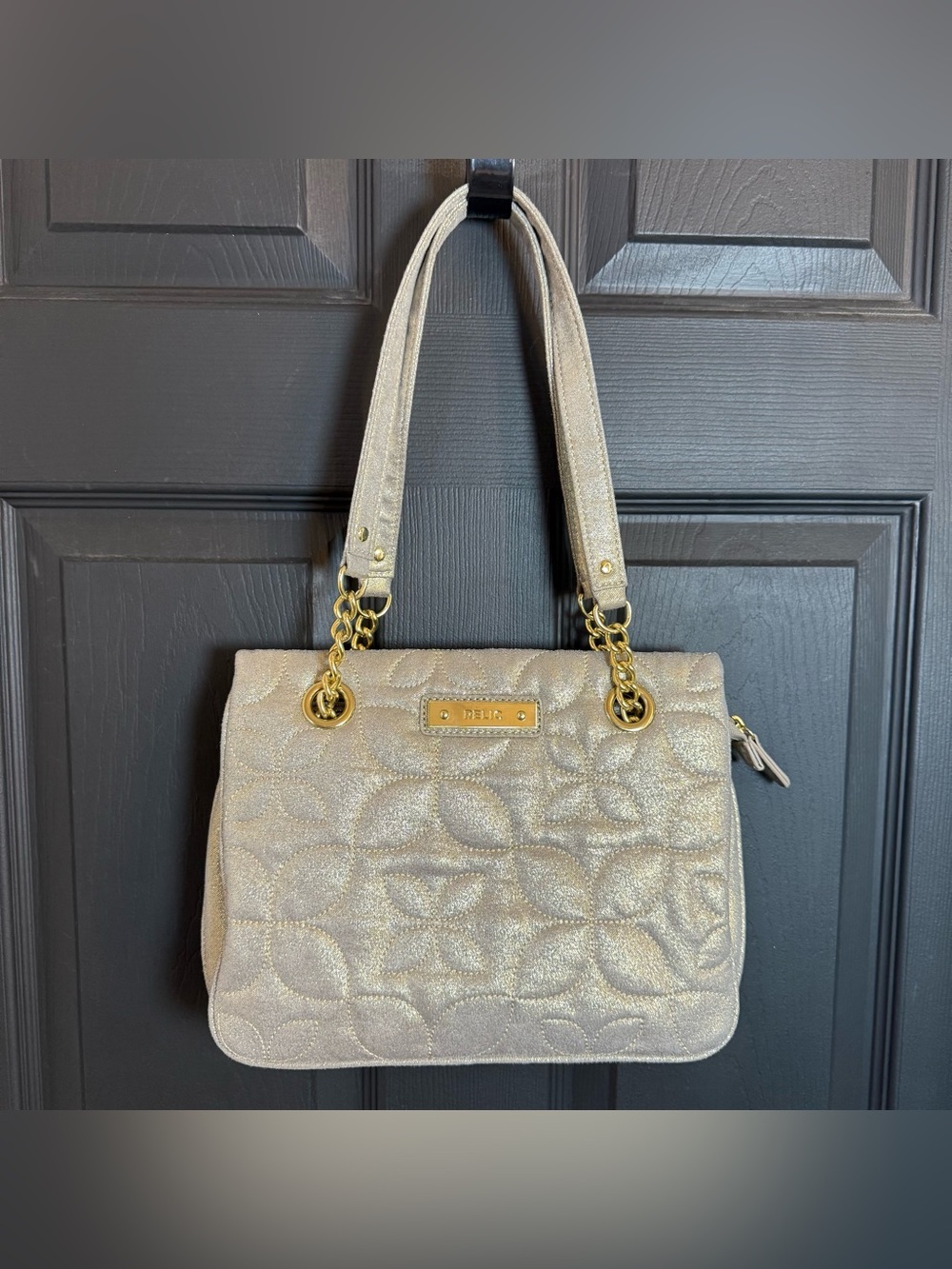 Relic Shimmery Gold Quilted Floral Shoulder Bag with Chain Accents